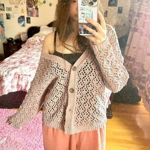 Crochet button down cardigan sweater Oversized rose pink